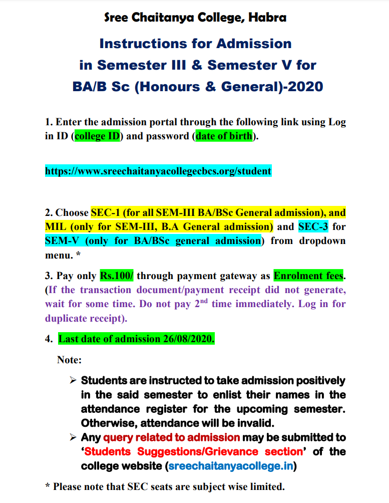 Sem 3 and 5 Admisson Instruction to Students 2020